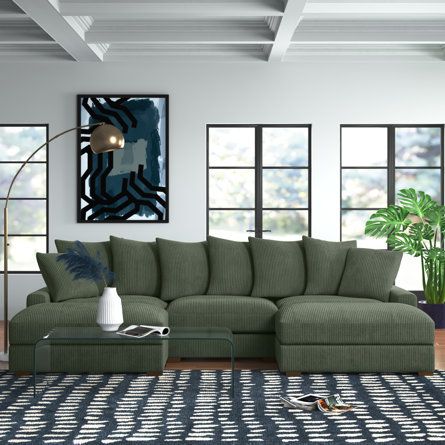 Sage Couch Living Room, Green Sectional Living Room, Green Sectional, Family Den, Comfortable Sectional Sofa, Corduroy Upholstery, Comfortable Sectional, House Planning, Green Couch