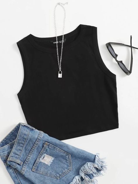 SHEIN Solid Crop Tank Top | SHEIN USA Slim Tank Top, Black Crop Top Tank, Tank Top Outfits, Crop Top Outfits, Cute Crop Tops, Really Cute Outfits, Black Crop Tops, Outfits Casuales, Cute Casual Outfits