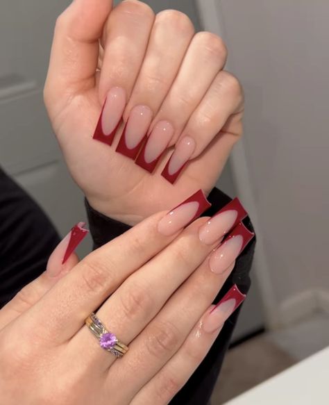 Maroon Nails, Red Acrylic Nails, Red French, Girly Acrylic Nails, French Tip Acrylic Nails, Simple Acrylic Nails, Acrylic Nails Coffin Pink, Long Square Acrylic Nails, Unique Acrylic Nails