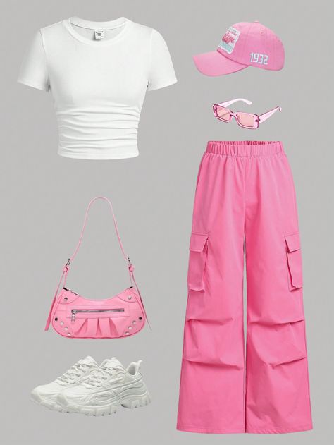 Hot Pink Casual Collar   Plain  Embellished Non-Stretch  Women Clothing Cute Middle School Outfits, Preppy Outfits For School, Preppy Summer Outfits, Casual Preppy Outfits, Trendy Outfits For Teens, Cruise Outfits, Traje Casual, Cute Outfits For School, Cute Preppy Outfits