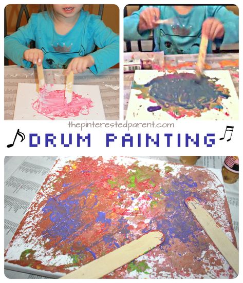 This is a fun and messy piece of process art that the kids will love. Turn up the music and then drum and splatter and paint away. Preschool Activities Music, Music And Instruments Preschool Theme, Musical Genres Preschool, Music Activities For Babies, Music Activity For Preschool, Music Activities For Preschool, Music Preschool Activities, Music Activities For Toddlers, Music Activities Preschool