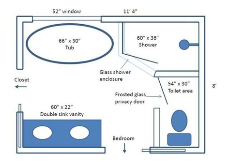 Before And After Master Bath Remodel, Walk Through Shower Behind Tub Layout, Large Bathroom Layout, Master Bath Layout, Bathroom Floor Plan, Bathroom Layout Ideas, Bathroom Layout Plans, Best Kitchen Design, Bathroom Plans