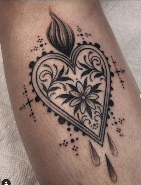 Soft Edgy Tattoos, Heart Ornamental Tattoo, Fancy Heart Tattoo, Small Sacred Heart Tattoo, Sacred Heart Tattoo Traditional, Small Blackwork Tattoo, Mexican Heart Tattoo, Vintage Heart Tattoo, Traditional Folk Tattoo