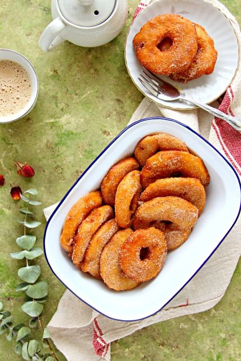 Apple Ring Fritters With Cinnamon Sugar Fried Apple Rings, Apple Rings, Quick Treats, Fried Apples, Fritter Recipes, Apple Fritters, Tea Time Snacks, Pancake Batter, Pantry Staples