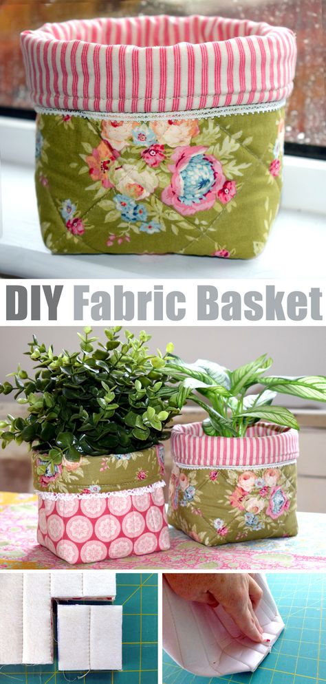 DIY Fabric Basket Tutorial Material Baskets How To Make, Quilted Plant Holder, Square Fabric Basket, Fabric Basket Tutorial Free Pattern, Patchwork Gifts To Make, Fabric Bowls Tutorial, Diy Plant Pot Cover, Fabric Baskets Diy Free Pattern, Sewing For Beginners Projects