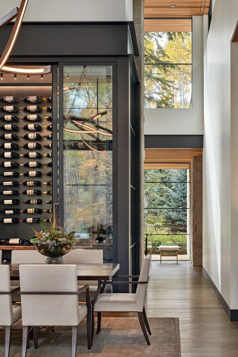 Dining Room in Riparian Retreat by Forum Phi on 1stDibs Aspen Colorado Interior Design, Living Room Spotlights, Colorado Interior Design, Luxe Magazine, Wood Dining Tables, Brass Dining Table, Aspen House, Modern Contemporary Living Room, Riverside House