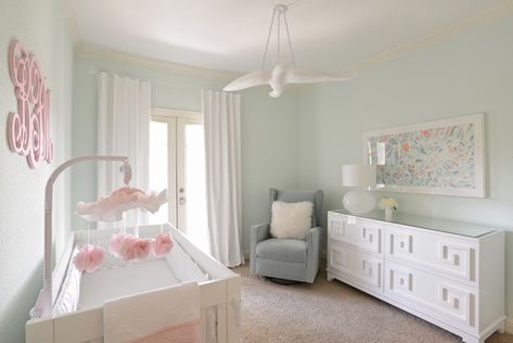 Girl's Nursery - Contemporary with Mint Green, White and Peach Colors - Contemporary - Nursery - Dallas - by Vicki Crew Interiors Mint Nursery Girl, Mint Green Nursery, Mint Green Rooms, Mint Bedroom, Nursery Paint Colors, Girls Room Paint, Contemporary Nursery, Mint Green Walls, Mint Nursery