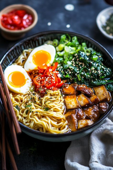 A bowl of ramen with boiled egg, tofu, greens, red peppers, and noodles. Ramen Noodle Recipes Low Sodium, Recipe Ramen Noodles, Ramen With Salmon, Instapot Ramen Noodle Recipes, Ramen Sides, Recipes With Instant Ramen, Instant Ramen Upgrade, Ramen Noodles Upgrade, Ramen Recipes With Instant Ramen