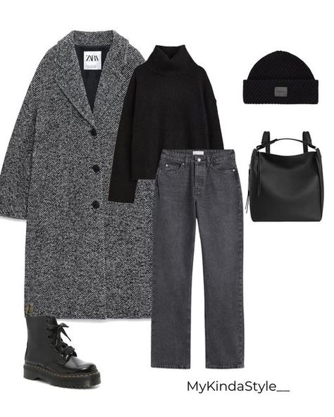 Spring Outfits Coat, Dark Grey Jumper Outfit, How To Style Black Coat, Black White And Grey Outfits, Grey Coat Outfits For Women, Grey Outfits For Women, Dress And Coat Outfit, Black And Grey Outfit, Grey Coat Outfit