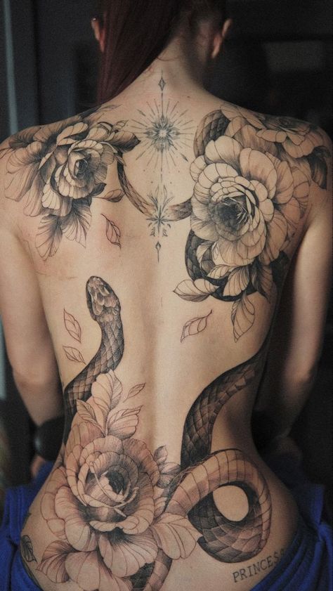 Floral Body Tattoos Women, Snake Back Piece Tattoo, Full Back Women Tattoo, Back Tattoos Snake, Women’s Tattoo Back Piece, Womans Back Tattoos, Shoulder And Back Tattoo, Floral Back Piece Tattoo, Full Stomach Tattoo Woman