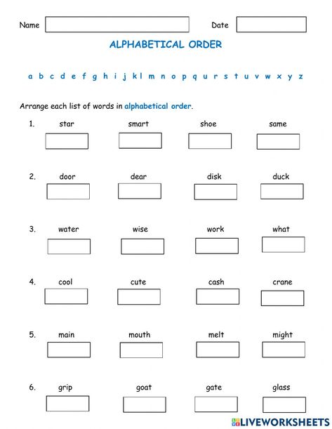 Alphabetical order interactive worksheet for Grade 2. You can do the exercises online or download the worksheet as pdf. Abc Order Worksheet 2nd Grade, Alphabetical Order Worksheets 3rd Grade, Alphabetical Order Activities 1st Grade, Alphabetizing Words Worksheet, Alphabetical Order Worksheets Grade 2, English 3rd Grade, English Worksheet Grade 3, Alphabetical Order Activities, Alphabetical Order Worksheets