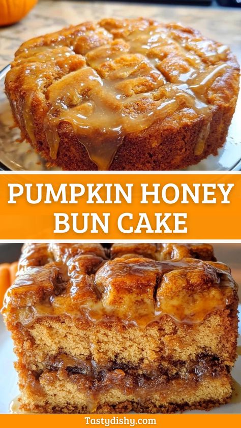 Delicious Pumpkin Honey Bun Cake: Easy Fall Treat! Honey Bun Coffee Cake, Honey Bun Pumpkin Cake, Pumpkin Moist Cake, Pumpkin Honeybun Cake, Honey Spice Cake, Pumpkin Honey Bun Cake Recipe, Pumpkin Cinnamon Cake, Pumpkin Baked Goods Recipes, Fall Food Truck Ideas