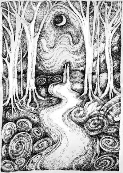 Path Drawing Pencil, Forest Pathway Drawing, Pathway Drawing Simple, Path Drawing Ideas, Pathway Sketch, Creepy Path, Woods Doodle, Pathway Drawing, Trail Drawing