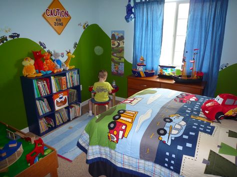 Vroom Vroom Transportation Room Transport Themed Bedroom, Transportation Theme Bedroom, Toddler Boys Bedroom Themes, Transportation Bedroom, Truck Bedroom, Truck Room, Boys Bedroom Ideas, Boys Bedroom Themes