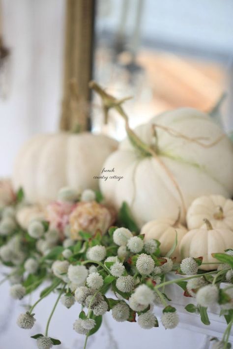 The easiest 5 minute mantel for autumn - French Country Cottage White Pumpkin Decorating Ideas, White Gomphrena, Living Room French Country, California Countryside, Autumn Living Room, Dried Roses, Fall Mantle, Fall Thanksgiving Decor, Autumn Decorating