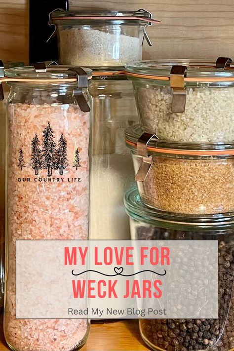 Stacked Weck  Glass Jars with pantry supplies Weck Glass Jars, Weck Jars Ideas, Weck Jars Pantry, Glass Jar Decorating Ideas, How To Store Flour, Jar Decorating Ideas, Glass Jar Storage, Canning Jar Storage, Canning Kitchen