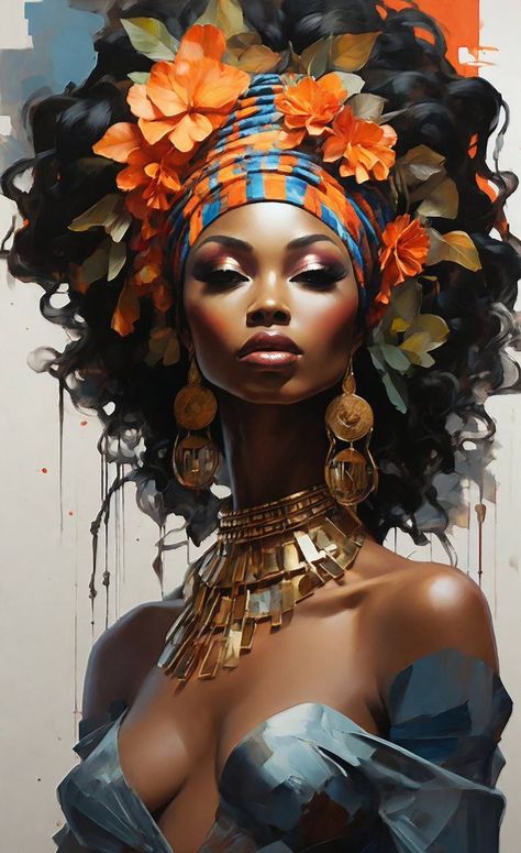 African Art Paintings Black Women, Black Godesses Art, African Goddess Art, African Digital Art, Black Artwork Inspiration, Afrocentric Art Goddesses, Black Mother Nature Art, African Portraits Art, African Art Black And Gold Woman