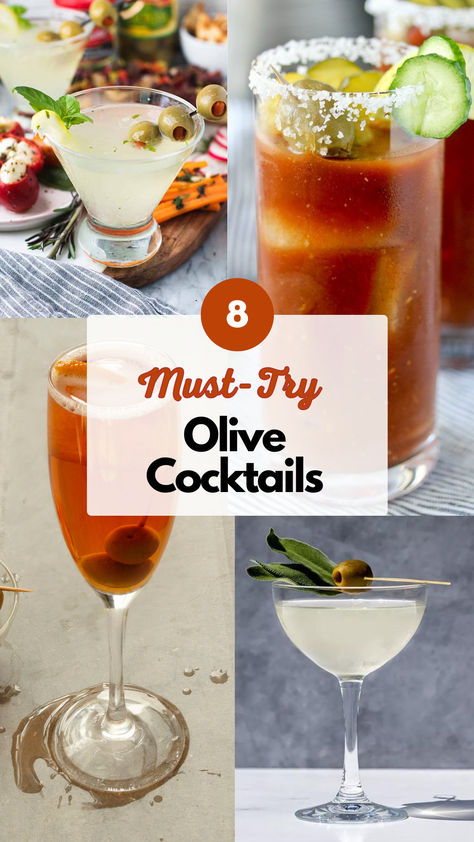 Olive Cocktails Cocktails With Olives, Drinks With Olives, Olive Oil Cocktail, Savory Cocktail Recipes, Savory Cocktails, Olive Cocktail, Batch Cocktails, Olive Juice, Classic Martini