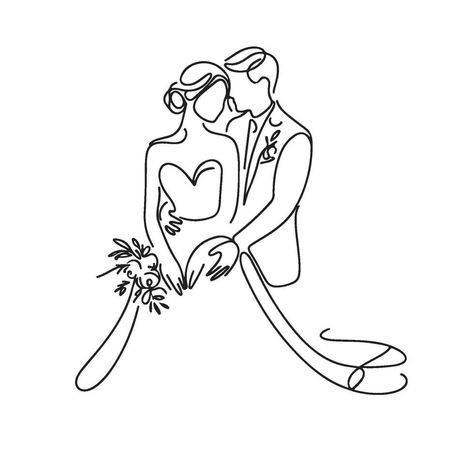 Wedding Couple One Line Art Wedding Silouhette Drawing, Bride And Groom Outline Drawing, Bride And Groom Outline, Cute Couple Drawings Ideas, Wedding Drawings Couple, Wedding Doodles Couple, Bride And Groom Line Art, Wedding Drawings Easy, Wedding Drawing Ideas