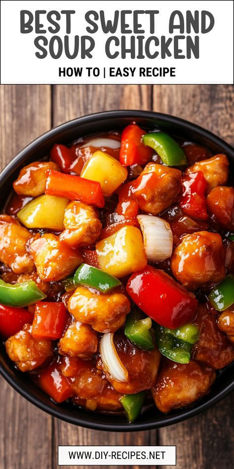 Try this delicious Sweet and Sour Chicken recipe! Crispy chicken chunks, vibrant bell peppers, and juicy pineapple in a tangy homemade sauce. Sweet In Sour Chicken, Recipe For Sweet And Sour Chicken, Chinese Food Sweet And Sour Chicken, Chicken Sweet Sour Recipe, Best Sweet And Sour Chicken Recipe, Sweet And Sour Baked Chicken, Sweet Sour Chicken Crock Pot, Sweet And Sour Chicken With Pineapple, Sweet And Sour Chicken Recipe Chinese