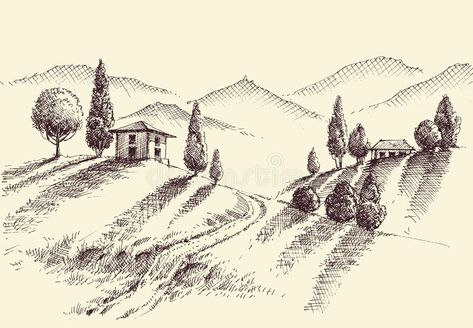 Crops and hills hand drawing. Farm property sketch royalty free illustration Countryside Sketch, Farm Sketch Simple, Farm Perspective Drawing, How To Draw Hills, Field Sketch, Hills Drawing, Hill Drawing, Farm Sketch, Italy Sketches