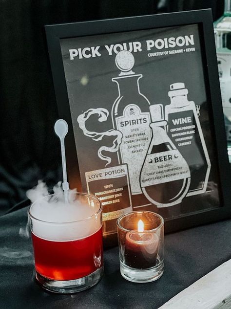 Potion Wedding Favor, Spooky Wedding Guest Book, Fall Spooky Wedding, Witchy Summer Wedding, Wedding Ideas Witchy, Spooky Season Wedding, Spooky Wedding Reception, Horror Themed Wedding Ideas, Wedding Our Story Ideas