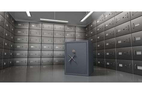 Bank deposit lockers wall with closed metal doors and black safe box, perspective view. Realistic interior empty vault for storage valuables, jewels or money, secure banking service, 3d render. Bank Locker, Gold Vault, Bank Vault, Perspective View, Vault Doors, Safety Box, Metal Doors, Bank Deposit, Deposit Box