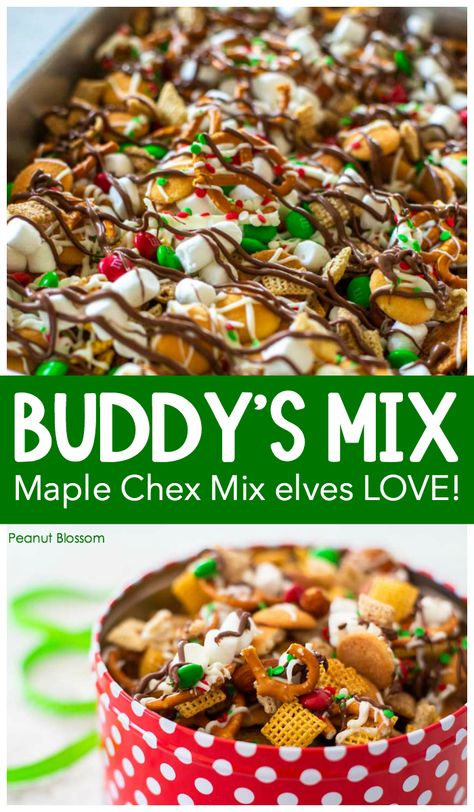 Elf Theme Snacks, Buddy The Elf Chex Mix Recipe, Buddy The Elf Recipes, Sweet And Savory Christmas Treats, Elf Inspired Food, Elf Movie Desserts, Buddy The Elf Snacks, Buddy The Elf Dessert, Elf Movie Themed Snacks