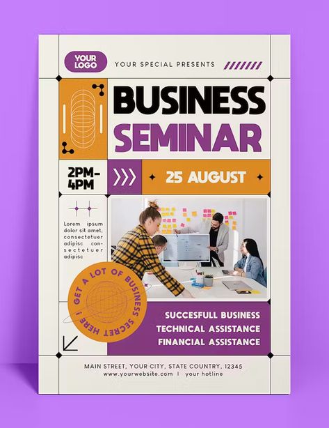 Business Seminar Flyer Template AI, EPS, PSD Course Flyer Design Inspiration, Business Seminar Flyer Design, Course Poster Design Ideas, Flyer Design Layout Templates, Graphic Design Services Flyer, Seminar Poster Design Events, Seminar Flyer Design, Flyer Template Design Layout, Seminar Poster Design