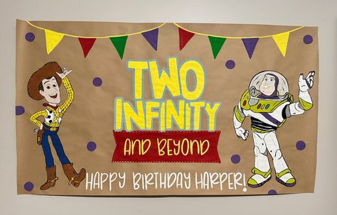 Toy Story Birthday Banner Diy, Twin Finity And Beyond Birthday, Toy Story Banner Birthday, Toy Story Party Signs, Two Infinity And Beyond Birthday Backdrop, Hand Painted Banner Birthday, Toy Story 2 Birthday Party Ideas, Two Infinity And Beyond, Toy Story Second Birthday Party