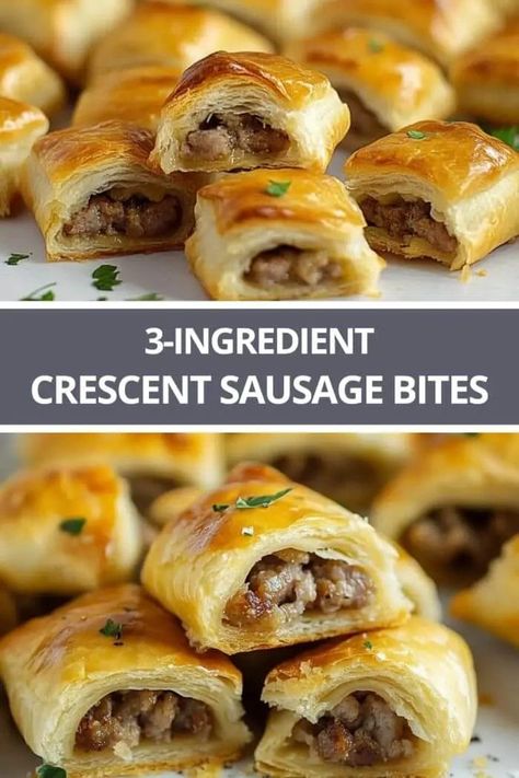 3-Ingredient Crescent Sausage Bites 3 Ingredient Crescent Sausage Bites, Sausage Crescent Rolls Appetizers, Crescent Sausage Rolls, Sausage Egg And Cheese Crescent Rolls, Sausage Croissant Rolls, Bite Size Breakfast Ideas, Sausage Rolls With Crescent Rolls, Crescent Roll Breakfast Recipes Sausage, Sausage Bites Appetizers