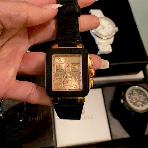 Very Stylish Michele Watch Black And Gold With Rubber Band Great Condition Michele Deco Watch, Tortoise Shell Watch, Michele Watch, Louis Vuitton Keepall 55, Michele Watches, Lv Wallet, Blue Watches, Louis Vuitton Keepall, Crocodile Leather