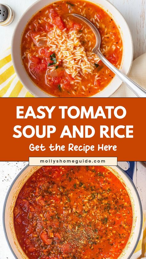 Warm up with a comforting bowl of tomato soup and rice on a chilly day. This classic combination is easy to make and full of flavor. Whether you prefer a creamy tomato soup or a chunky one, adding some rice brings an extra layer of heartiness to the dish. Enjoy this satisfying meal for lunch or dinner, paired with crusty bread or a side salad. Tomato Soup And, Rice With Tomato Bouillon, Tomato Soup With Rice, Tomato Rice Soup Recipe, Tomato And Rice Soup, Chunky Tomato Soup, Tomato Noodle Soup, Tomato Macaroni Soup Recipe, Chicken Tomato Soup