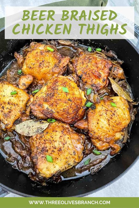 Irish Chicken Recipes, Turkey Entrees, Beer Braised Chicken, Braising Recipes, Awesome Chicken, Crockpot Chicken Thighs, Braised Chicken Thighs, Gourmet Chicken, Beer Chicken