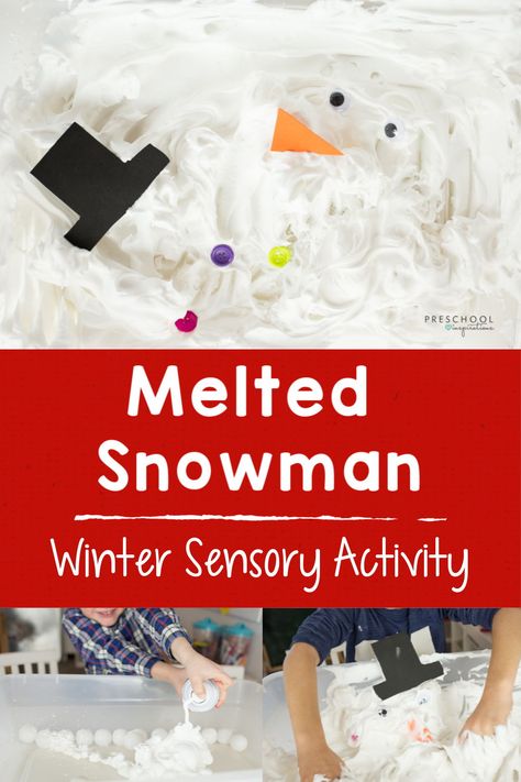 This melted snowman activity is sure to be a hit with preschool and kindergarten students alike! Kids can even help make the sensory bin. The added elements help with fine motor skills, too! #preschoolinspirations #sensory #winter #sensorybin #messyplay #snowman #preschool #prek #kindergarten Mlk Crafts, Winter Sensory, Sensory Activities For Preschoolers, Snowmen Activities, Winter Activities Preschool, Melted Snowman, Snow Theme, Winter Activities For Kids, Sensory Activity