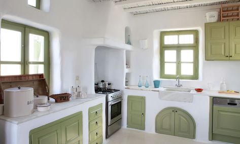 Green cupboards, white walls for you kitchen, Would you like a painting estimate of this? #richardstewartpainting #losangeles #paintingcontractor Cob House Kitchen, Sink Cupboard, Clay Building, Well Ideas, Greek Decor, Greek House, Cob House, Earth Homes, Indian Home Decor