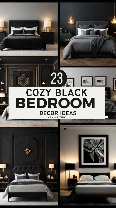 23 Cozy Black Bedroom Inspiration That Feels...too Good! Black Bedroom Suite Decor, Black Bedroom Bedding, Black Bedroom Wall Decor, Black And Taupe Bedroom, Black Accents Bedroom, Black Master Bedrooms Decor, Bedroom Ideas Black Bed Frame, Cozy Black Bedroom, Black And Tan Bedroom