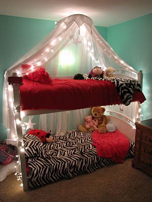 Obvously, too girly.  But if I do the shower tension rod curtain on the bottom, need to figure a way to do something on top without making a mess of holes. Lighted Bed, Bed Tents, Canopy Diy, Girls Bunk Beds, Modern Bunk Beds, Kura Bed, Kids Canopy, Bunk Beds With Stairs, Bunk Bed Designs