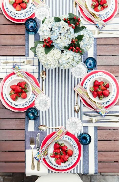 Patriotic Party Decor, Red White Blue Party, Blue Table Decorations, Tea Party Table, North Idaho, American Summer, Party Tablescapes, Summer Table, Fourth Of July Decor