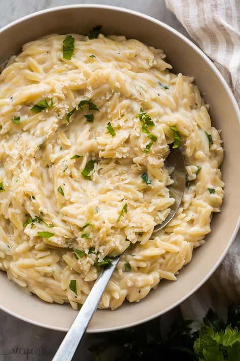 This Garlic Parmesan Orzo Pasta is a one-pot recipe for tender orzo tossed in a light and cheesy cream sauce. It's simple to make and comes together in a total of 20 minutes! #pasta #recipes #dinner | easy dinner ideas | dinner recipes | easy recipe | pasta recipe | orzo pasta | garlic | cheesy | comfort food Parmesan Orzo Pasta, Garlic Parmesan Orzo, Orzo Recipes Side, Creamy Orzo Pasta, Orzo Pasta Recipes, Parmesan Orzo, Orzo Dishes, Creamy Orzo, Orzo Recipes