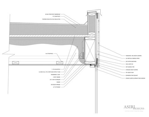 A flush floor to ceiling window detail with a hung ceiling joists, flat roof, parapet wall, closed cell polyurethane spray foam, tapered polyiso insulation, and ZIP system sheathing drawn by sharif asiri of asiri designs Flat Roof Systems, Ceiling Window, Building Envelope, Space Character, Membrane Roof, Window Detail, Closed Cell Foam, Spray Foam, Floor To Ceiling