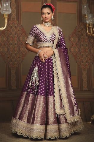 Buy Gold Blouse Net Embellished Mirror V Neck Gota Work Bridal Lehenga Set For Women by Abhinav Mishra Online at Aza Fashions. Bridesmaid Chaniya Choli, Purple Banarasi Lehenga, Banarasi Lehenga Sabyasachi, Lehenga With Border, Banaras Lehenga, Bandhani Lehenga, Garba Outfit, Bridesmaid Outfits, Cancan Lehenga