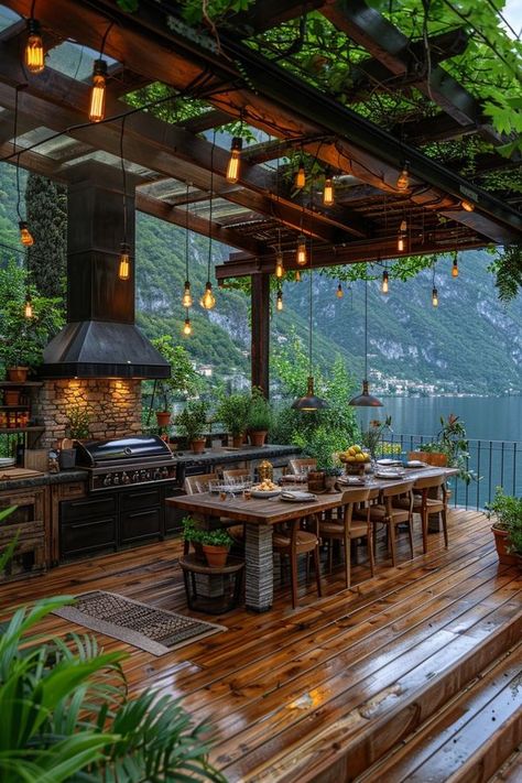 Log Cabin Outdoor Kitchen, Cabin Outdoor Ideas, Cabin Backyard, Cabin Patio, Outdoor Barbecue Area, Dream Outdoor Kitchen, Water Pavilion, Lake Ideas, Mountain Cabins