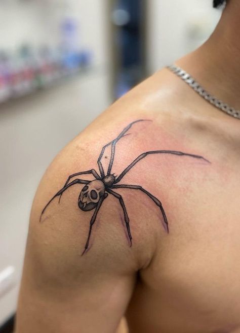 100 Wonderful Spider Tattoos ( The Newest Gallery) Spider Shoulder Tattoo Men, Spider Tatoos Ideas, Shoulder Spider Tattoo, Spider Tattoo On Shoulder, Spider Leg Tattoo, Spider Shoulder Tattoo, Spider Tattoo Shoulder, Spider Tattoos For Men, Spider Skull Tattoo