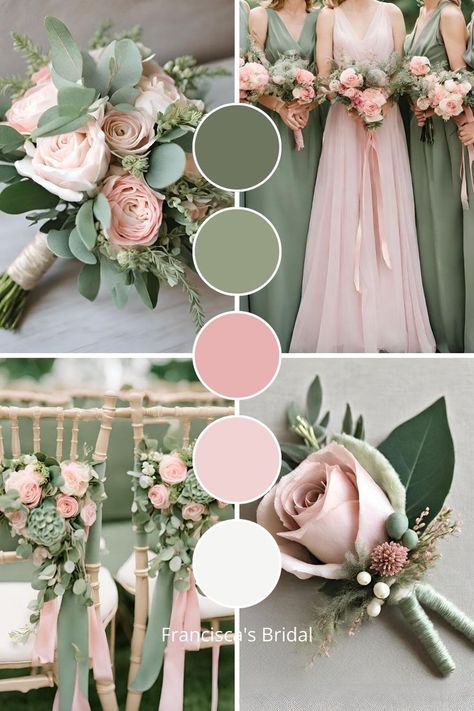 Sage And Pink Color Scheme, Wedding Colors Sage And Blush, Dusty Sage And Blush Wedding, Color Palette For Sage Green Wedding, Sage Green Pink Wedding Theme, Colour Theme Wedding Ideas, Pink Purple And Sage Wedding, Soft Pink And Sage Wedding, August Themed Wedding