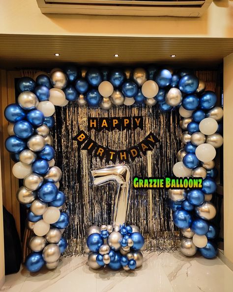 Chrome balloon arch Blue Silver Balloon Arch, Chrome Ballons Decoration, Blue Silver Balloon Garland, Metallic Blue And Silver Balloons, Blue Number Balloons, Balloon Arch, Balloon Decorations, Arch, Balloons