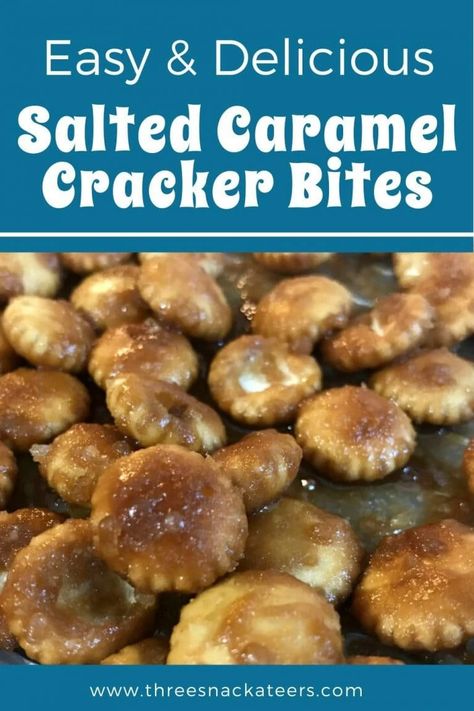 Salted Caramel Cracker Bites! This recipe is made with butter, brown sugar, vanilla, salt and oyster crackers (you could also try saltine crackers). You make a simple caramel sauce, cover the crackers, then bake until a toffee coating forms.Buttery, but also crunchy. Salty, but also sweet. And perfectly poppable. A great last minute snack idea for parties and holidays like Christmas. Salted Caramel Cracker Bites, Oyster Cracker, Cracker Bites, Oyster Crackers Recipe, Vanilla Salt, Caramel Bites, Crackers Recipe, Oyster Crackers, Homemade Crackers