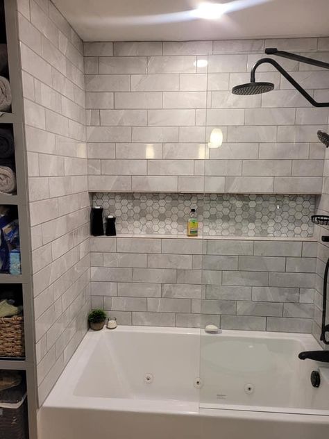 Tub Half Glass Wall, Brick Tile Around Bathtub, Small Narrow Bathroom Ideas With Tub, Tiled Bathtub Ideas, Subway Tile In Bathtub, Xl Tub Shower Combo, Modern Small Bathroom With Tub, Bathroom Remodel Ideas With Bathtub, Raised Ranch Bathroom Remodel