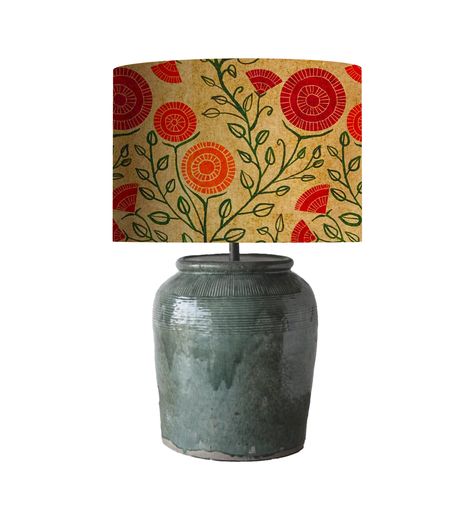 This lampshade drum is covered in a custom fabric, Brutta Quadrille by Rocarr Studio.  This fabric is warm, bright and beautiful.  The modern foliage is bright green and orange and the background is a textured gold.   Bohemian, contemporary, modern.  LAMPSHADE ONLY, LAMP NOT INCLUDED.  PLEASE MEASURE FROM THE TOP WHERE YOUR LAMPSHADE SCREWS ON (THE FINIAL) TO BELOW THE SOCKET OR THE MECHANICS OF THE LAMP TO DETERMINE THE SIZE OF YOUR LAMPSHADE. THESE ARE CUSTOM DESIGNED FABRICS.  IF A FABRIC BECOMES UNAVAILABLE FOR ANY REASON, WE WILL INFORM YOU. Colorful Lampshades, Industrial Lamp Shade, Unique Lampshades, Modern Lampshade, Bohemian Furniture, Diy Lamp Shade, Home Decor Modern, Drum Lampshade, Updating House