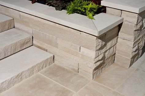 Indiana Limestone Pavers, Wall, Coping/caps and treads | Indiana Limestone Co Backyard Garden Wall, Front Porch Stone Steps, Limestone Garden, Terrace House Exterior, Indiana Limestone, Backyard Retaining Walls, Stone Walls Garden, Modern Mountain House, Garden Pavers